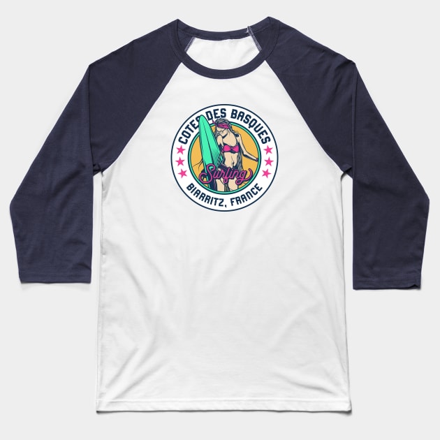 Retro Surfer Babe Badge Cotes des Basques Biarritz, France Baseball T-Shirt by Now Boarding